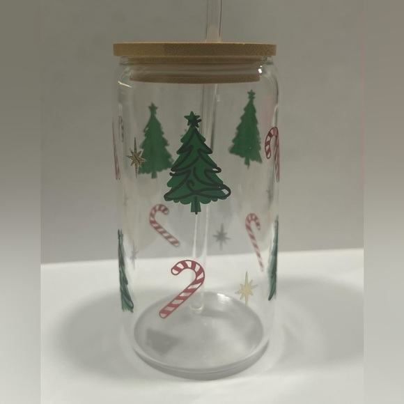 Christmas 16oz glass cups with wraps, Iced Coffee Glass Cup with Lid and Straw. - Picture 3 of 4